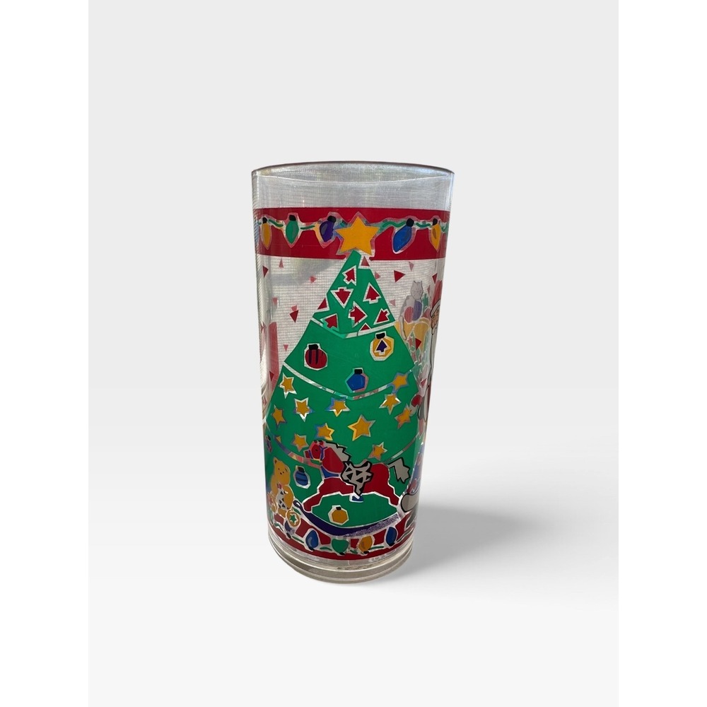 Vintage Christmas Tree Highball Glass Rocking Horse Holiday Tumbler Barware